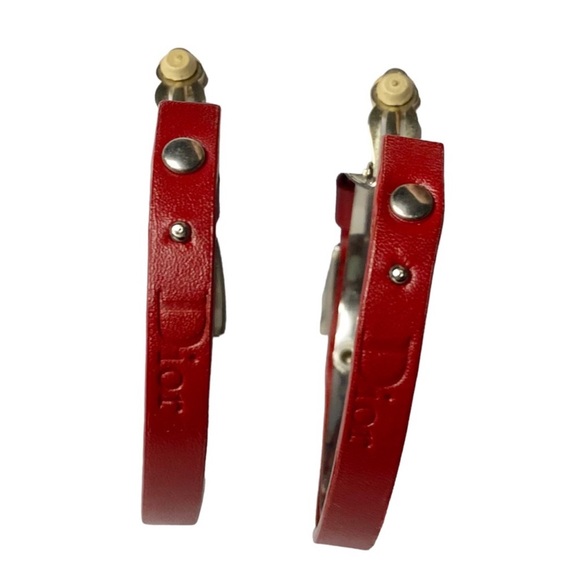 AUTH VTG Christian Dior Red Leather Logo Silver Belt Buckle Large Hoop Earrings - Picture 3 of 14